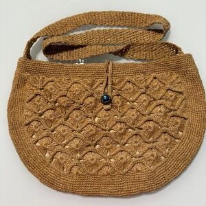 ✨ Vintage Crocheted Shoulder Bag with Blue Button Clasp‎